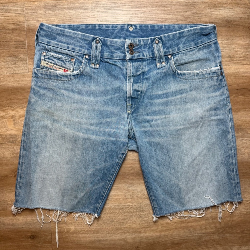 Diesel Denim Shorts Mens 34 Blue Cut Off Raw Hem Distressed Made In Italy 10"